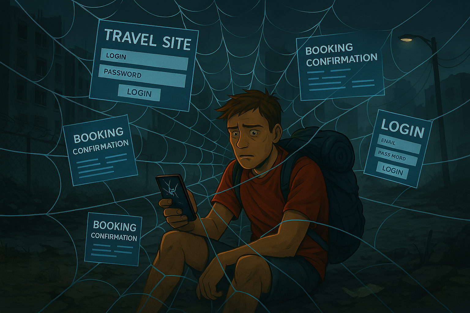 Cartoon of shocked and forlorn traveler with broken phone, sitting in a scary place that is definitely not the dream vacation he hoped for...ensnared in a web of travel related logins and confirmations while scary people look on